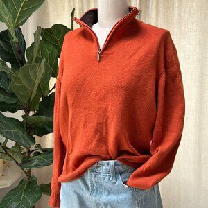 Italian Merino Quarter Zip Cozy Minimalist Fall Knit Sweater Burnt Orange , L